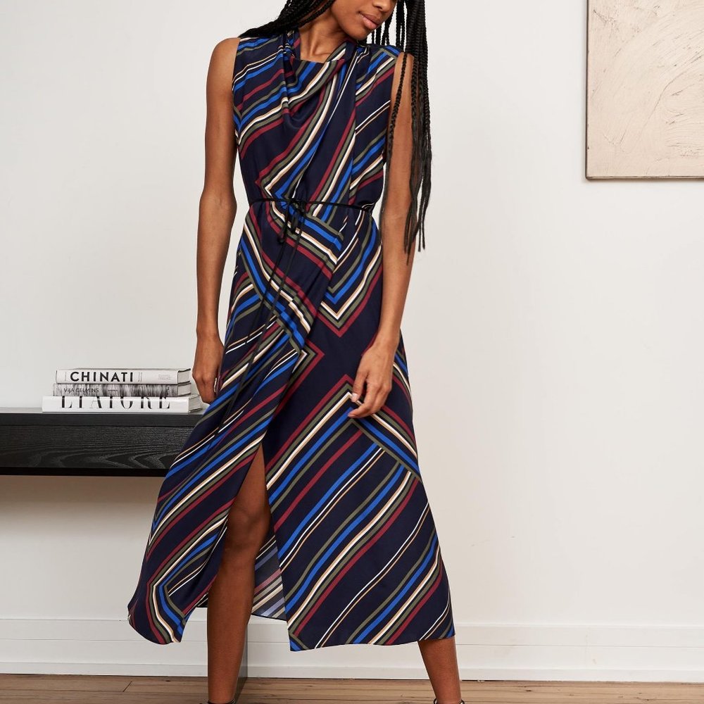 La Ligne dress.  Josephine navy striped cowl neck silk dress.   Medium.  New wit